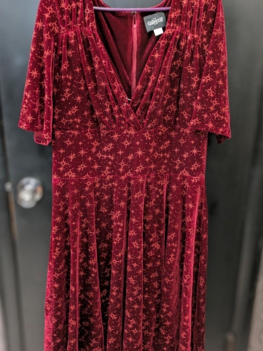 Collectif Burgundy Velvet Star-Print Midi Dress